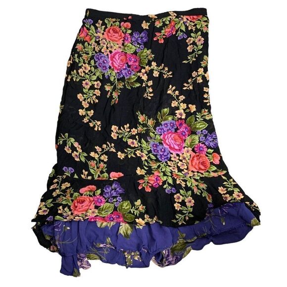 Vintage 90s Reversible Floral Maxi Skirt L Black Blue Elastic Waist Grunge Boho - Picture 4 of 7